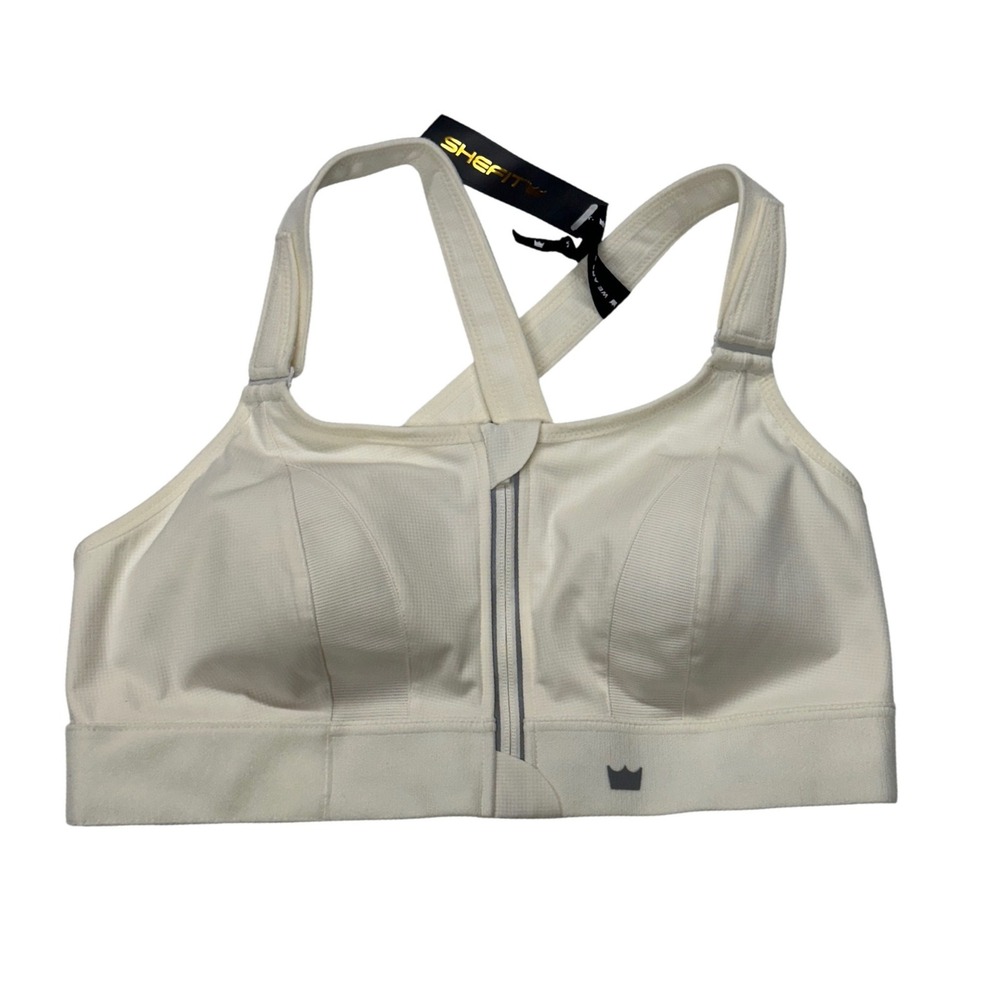 SHEFIT Ultimate Sports Bra‎ Cream High Impact Zip Front Adjustable Straps 2Luxe
